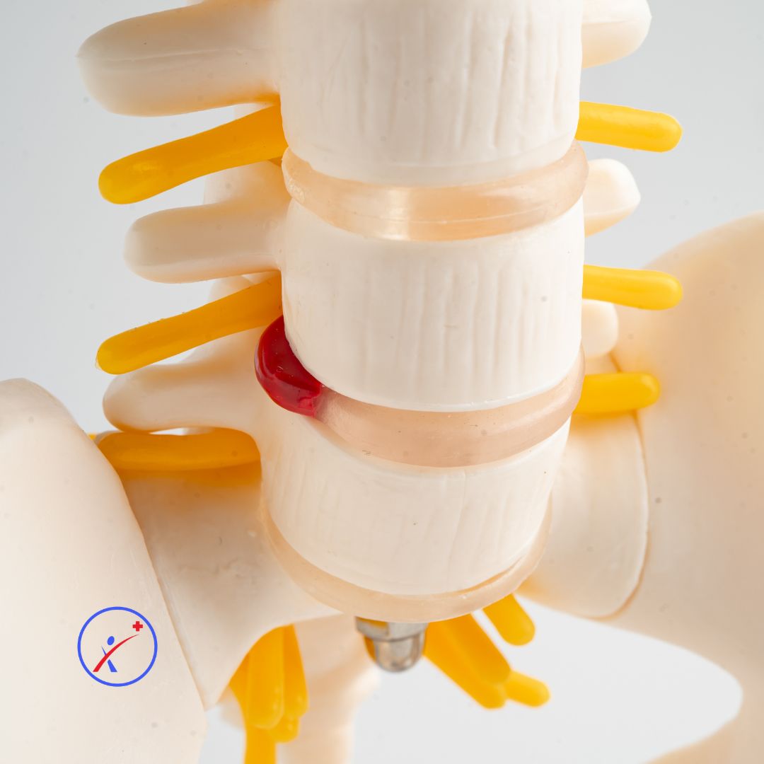 Shematski prikaz ledvene hernije diska na anatomskem modelu, kjer desnostranska hernija utesni spinalni živec.